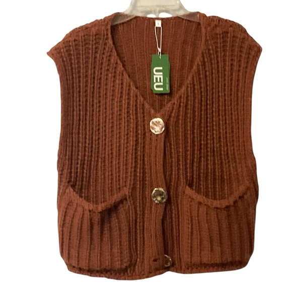 UEU Chunky Crop Knit Red Sweater Vest SZ L Women Western Streetwear Open Pockets - Picture 3 of 5